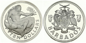 Barbados 10 Dollars 1973FM Neptune God of the Sea. Obverse: National arms. Reverse: Neptune at left looking right; whale under right hand. Edge Descri...