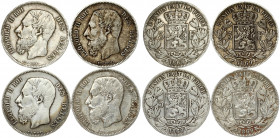 Belgium 5 Francs 1869 Leopold II(1865 - 1909). Obverse: Smaller head; engraver's name near rim, below truncation. Obverse Legend: LEOPOLD II ROI DES B...
