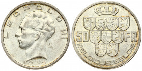 Belgium 50 Francs 1939 Obverse: Head of Leopold III; left; date below. Reverse: Crown above nine shields dividing denomination; legend in French. Reve...