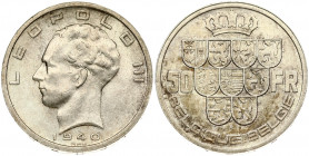 Belgium 50 Francs 1940 Obverse: Head of Leopold III; left; date below. Reverse: Crown above nine shields dividing denomination; legend in French. Reve...