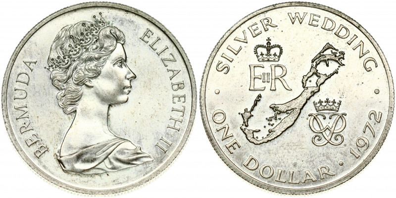 Bermuda 1 Dollar 1972 Silver Wedding Anniversary. Elizabeth II(1952-). Obverse: ...