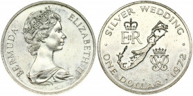Bermuda 1 Dollar 1972 Silver Wedding Anniversary. Elizabeth II(1952-). Obverse: Young bust right. Reverse: Crowned monograms divided by map. Silver 28...