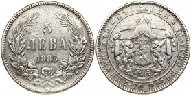 Bulgaria 5 Leva 1885 Alexander I(1879-1886 ). Obverse: Crowned and mantled arms with supporters. Reverse: Denomination within wreath. Silver. Scratche...