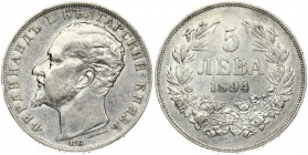 Bulgaria 5 Leva 1894KB Ferdinand I(1887-1918). Obverse: Head left. Reverse: Denomination within wreath. Silver. KM 18