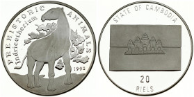 Cambodia 20 Riels 1993 Prehistoric Animals. Obverse: National flag above denomination. Reverse: Indricotherium; date lower right. Silver. KM 87