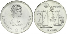 Canada 5 Dollars 1973 1976 Montreal Olympics. Elizabeth II(1952-). Obverse: Young bust right, small maple below; date at right. Reverse: Sailboat 'Kin...