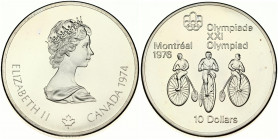 Canada 10 Dollars 1974 1976 Montreal Olympics. Elizabeth II(1952-). Obverse: Young bust right; small maple leaf below; date at right. Reverse: Cycling...