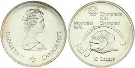 Canada 10 Dollars 1975 Montreal 1976 - 21st Summer Olympic Games. Elizabeth II(1952-). Obverse: Young bust right; small maple leaf below; date at righ...