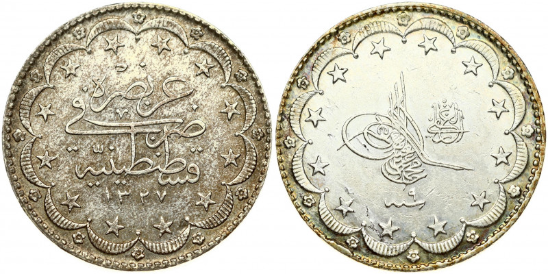 Turkey 20 Kurush 1327//9- 1918 Muhammad V(1909-1918)). Obverse: Toughra within s...