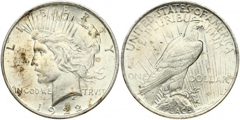 USA 1 Dollar 1922 'Peace Dollar' Philadelphia. Averse: Capped head of Liberty le...