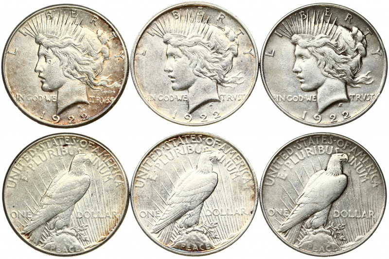 USA 1 Dollar 1922 'Peace Dollar' Philadelphia; Denver; San Francisco. Obverse: C...