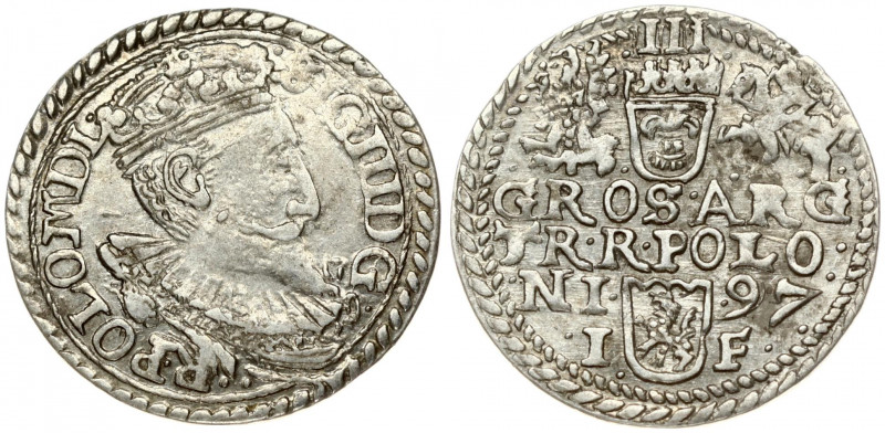 Poland 3 Groszy 1597 Olkusz Sigismund III Vasa (1587-1632). Obverse: Crowned bus...