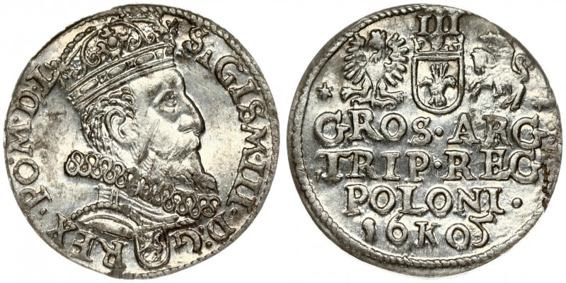 Poland 3 Groszy 1605 Krakow. Sigismund III Vasa (1587-1632). Obverse: Crowned bu...