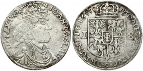 Poland 18 Groszy 1655 SCH Krakow. John II Casimir Vasa (1649–1668). Obverse: Crowned portrait bust right. Reverse: Crowned shield. Silver. Small Scrat...