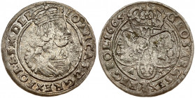 Poland 6 Groszy 1665 AT John II Casimir Vasa (1649–1668). Obverse: Large crowned bust right in linear circle. Reverse: Crown above three shields. Silv...