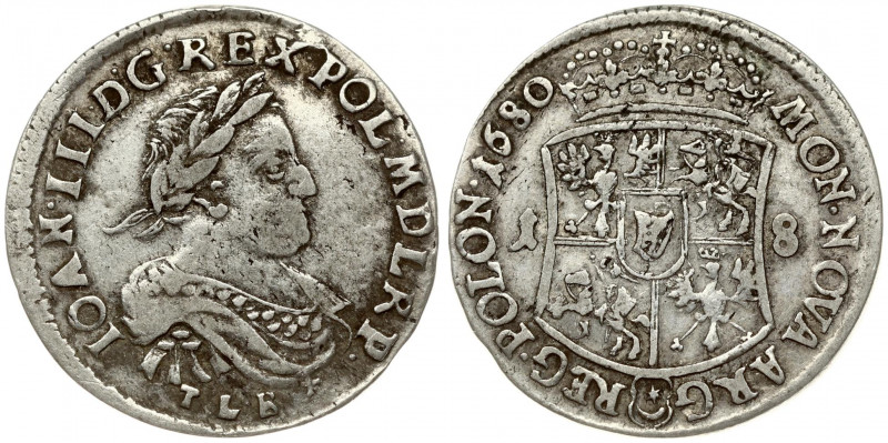 Poland 18 Groszy 1680 TLB John III Sobieski(1674-1696). Averse: Laureate armored...