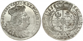 Poland 6 Groszy 1755 EC August III(1733-1763). Obverse: Crowned bust right. Reverse: Crowned; round 4-fold arms within sprigs. Silver. Scratches. KM 1...
