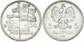 Poland 5 Zlotych 1930 Centennial of 1830 Revolution. Warsaw. Obverse: Crowned eagle with wings open flanked by value. Reverse: Pole with flag and bann...