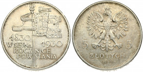 Poland 5 Zlotych 1930(w) Centennial of 1830 Revolution. Obverse: Crowned eagle with wings open flanked by value. Reverse: Pole with flag and banner di...