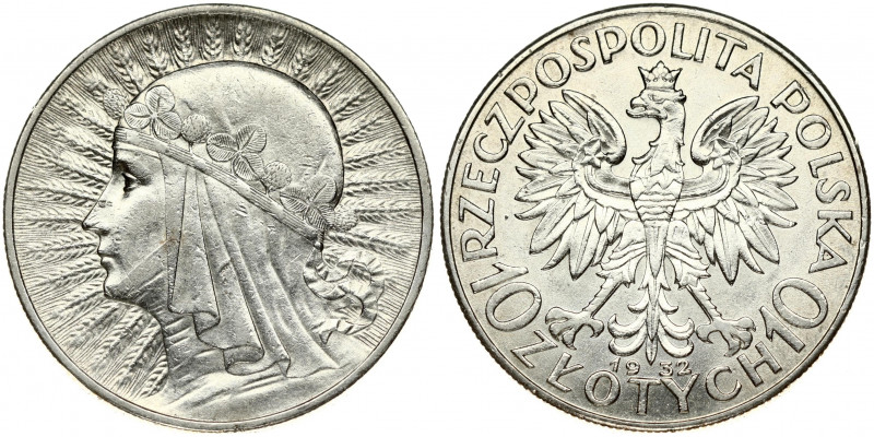 Poland 10 Zlotych 1932(L) London. Obverse: National arms flanked by value. Legen...