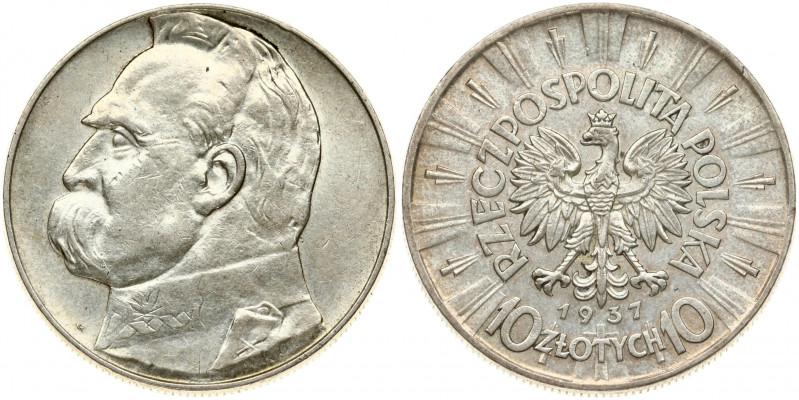 Poland 10 Zlotych 1937 (w) Obverse: Eagle with wings open with no symbols below....