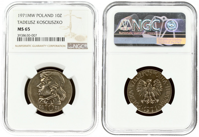 Poland 10 Zlotych 1971MW. Averse: Eagle with wings open. Reverse: Head of Tadeus...