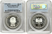 Poland 100 Zlotych 1978 MW 100th Anniversary - Birth of Janusz Korczak. Averse: Imperial eagle above value. Reverse: Bust facing. Silver. Y 94. PCGS P...