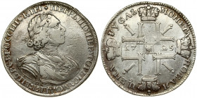 Russia 1 Rouble 1725 СПБ St. Petersburg. Peter I (1699-1725). Averse: Laureate bust right. Reverse: Sunburst in center divides date in cruciform with ...