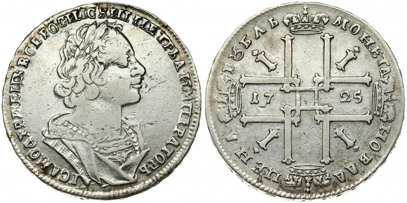 Russia 1 Rouble 1725 Moscow. Peter I (1699-1725). Averse: Laureate bust right. R...