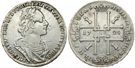 Russia 1 Rouble 1725 Moscow. Peter I (1699-1725). Averse: Laureate bust right. Reverse: Sunburst in center divides date in cruciform with 4 crowns mon...