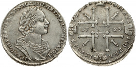 Russia 1 Rouble 1725 Moscow. Peter I (1699-1725). Obverse: Laureate draped and cuirassed bust right. Reverse: Four crowned cruciform Russian P's date ...