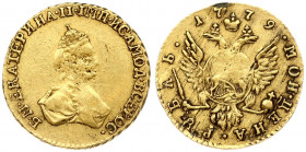 Russia 1 Rouble 1779 Obverse: Crowned bust right. Reverse: Crown above crowned double-headed eagle; shield on breast. Gold 1.28g. Edge cordlike leftwa...