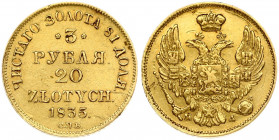 Russia For Poland 3 Roubles - 20 Zlotych 1835 СПБ-ПД St. Petersburg. Nicholas I (1826-1855). Obverse: Shield within wreath on breast; 3 shields in win...