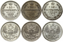 Russia 20 Kopecks 1862 & 1863 & 1873 St. Petersburg. Alexander II (1854-1881). Obverse: Eagle redesigned ribbons on crown. Reverse: Crown above date a...