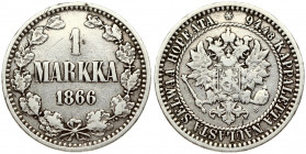 Russia For Finland 1 Markka 1866 S Alexander II (1854-1881). Obverse: Crowned imperial double eagle with scepter and orb. Reverse: Denomination and da...