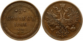 Russia 5 Kopecks 1866 EM Alexander II (1854-1881). Obverse: Ribbons added to crown. Reverse: Value; date within wreath. Copper. Edge plain. Small Scra...