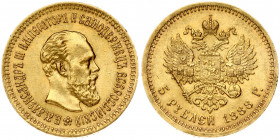 Russia 5 Roubles 1888 (АГ) St. Petersburg. Alexander III (1881-1894). Obverse: Head right. Reverse: Crowned double imperial eagle ribbons on crown. Po...