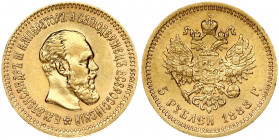 Russia 5 Roubles 1888 (АГ) St. Petersburg. Alexander III (1881-1894). Obverse: Head right. Reverse: Crowned double imperial eagle ribbons on crown. Go...
