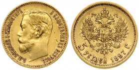 Russia 5 Roubles 1897 (АГ) St. Petersburg. Nicholas II (1894-1917). Obverse: Head right. Reverse: Crowned double imperial eagle ribbons on crown. Gold...