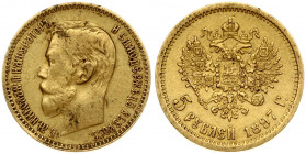 Russia 5 Roubles 1897 (АГ) St. Petersburg. Nicholas II (1894-1917). Obverse: Head right. Reverse: Crowned double imperial eagle ribbons on crown. Gold...