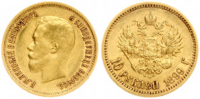 Russia 10 Roubles 1899 (ЭБ) St. Petersburg. Nicholas II (1894-1917). Averse: Head left. Reverse: Crowned double imperial eagle ribbons on crown. Gold....