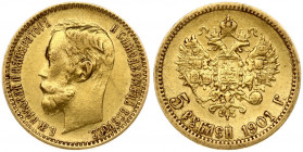 Russia 5 Roubles 1901 (ФЗ) St. Petersburg. Nicholas II (1894-1917). Obverse: Head right. Reverse: Crowned double imperial eagle ribbons on crown. Gold...