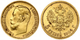 Russia 5 Roubles 1904 (АР) St. Petersburg. Nicholas II (1894-1917). Obverse: Head right. Reverse: Crowned double imperial eagle ribbons on crown. Gold...