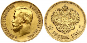 Russia 10 Roubles 1911 (ЭБ) St. Petersburg. Nicholas II (1894-1917). Obverse: Head right. Reverse: Crowned double imperial eagle ribbons on crown. Gol...