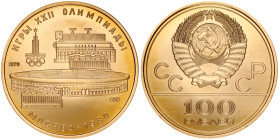 Russia 100 Roubles 1978(L) 1980 Olympics. Obverse: National arms divide CCCP with value below. Reverse: Lenin Stadium. Gold 17.28g. Y 151. With Box & ...