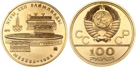 Russia USSR 100 Roubles 1978 (m) 1980 Olympics. Obverse: National arms divide CCCP with value below. Reverse: Lenin Stadium. Gold 17.28g. Y 151. With ...