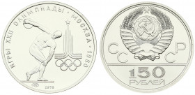 Russia 150 Roubles 1978(L) 1980 Olympics. Averse: National arms divide CCCP with value below. Reverse: Throwing discus. Platinum. Y 163. With Box