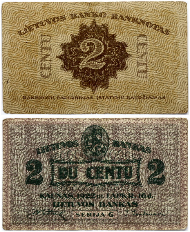 Lithuania 2 Centu 1922 Banknote. Kaunas Lietuvos Bankas 1922 16 November. Serija...