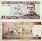 Lithuania 20 Litų 1993 Banknote. Obverse Lettering: LIETUVOS BANKAS Dvidešimt litų Maironis. Reverse Lettering: Dvidešimt litų. S/N NAA9571931. P# 57...