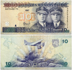 Lithuania 10 Litų 1997 Banknote. Obverse: Dark blue; dark green and brown - violet on multicolor underprint. Aviators Steponas Darius and Stasys Giren...